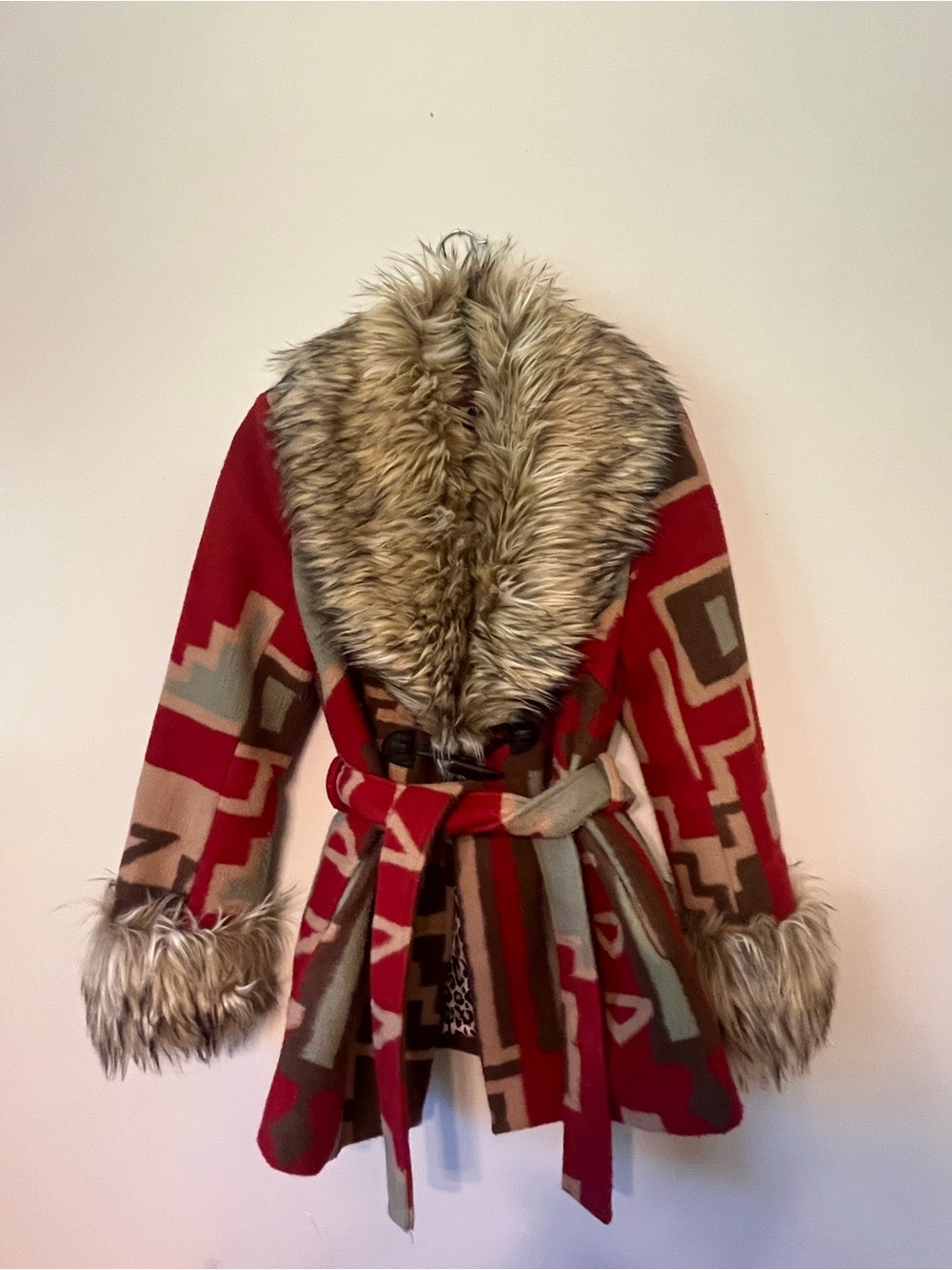 Tasha Polizzi Red Patterned Faux Fur Trim Belted Coat